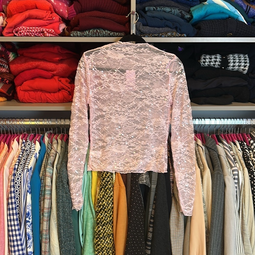 Wild Fable pink lace with sequins long sleeve mock neck top size M NWT - Picture 3 of 3
